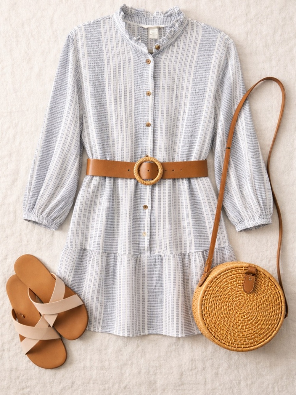 H&M Blue and White Cotton Mini Dress Ruffle Neck Button Front Boho Shirt Dress